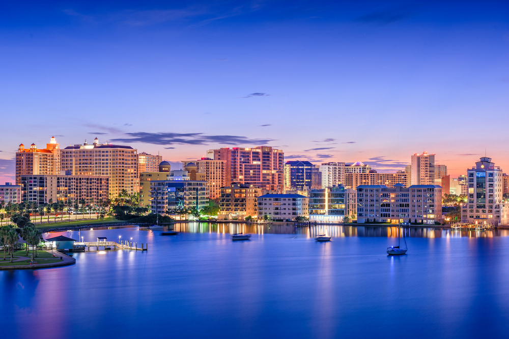 Sarasota, Florida, USA skyline on the bay at dawn.